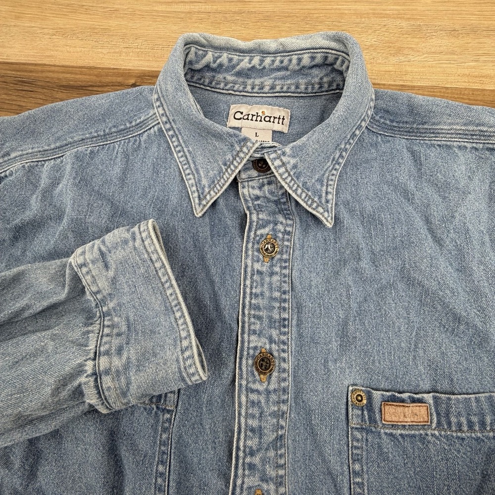 Vintage Carhartt Denim Shirt Mens Sz L Blue Biker Trucker Workwear Chore Shacket